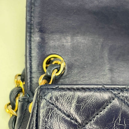 Chanel Vintage Classic Flap Mini Navy Lambskin Mega CC Logo 24k Gold HW, 1989-1991