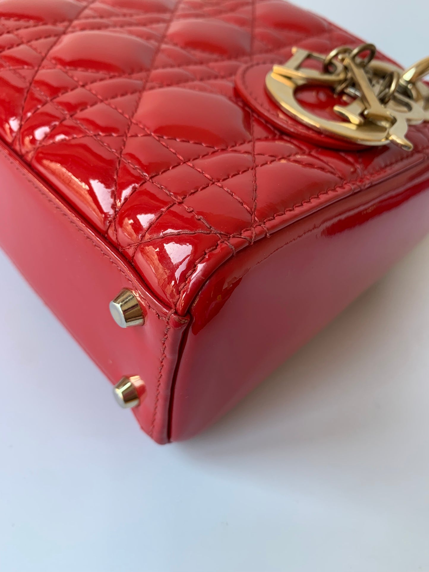 Sold Lady Dior Patent Leather Red Mini handbag with gold hardware