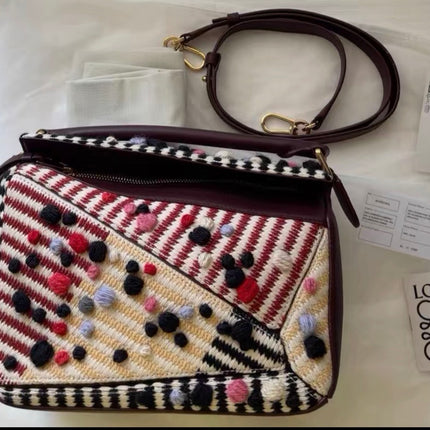 Loewe x Albers Puzzle Small Multicolor Woven Wool and Leather with Pompoms Crossbody Bag