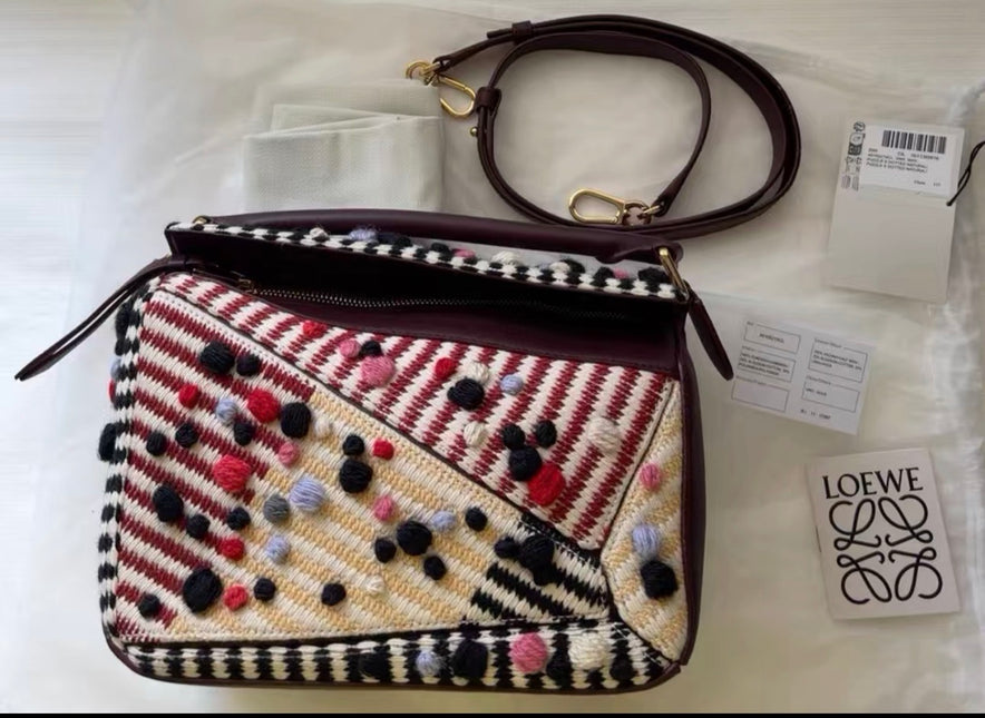 Loewe x Albers Puzzle Small Multicolor Woven Wool and Leather with Pompoms Crossbody Bag