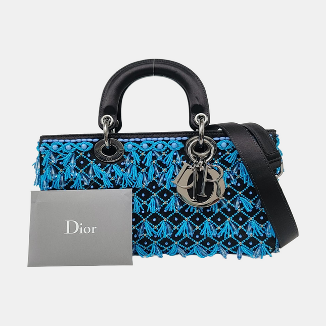 Lady D-Joy Medium Bag Exceptional Piece Black Silk Satin Turquoise Beaded Tassel
