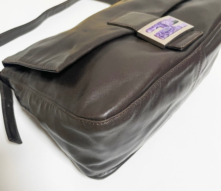 Fendi Mamma Baguette Chocolate Brown Lambskin Leather Silver Hardware