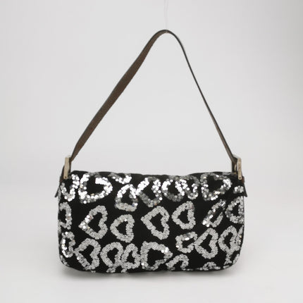 FENDI Baguette White Heart Shaped Sequin Black Shoulder Bag