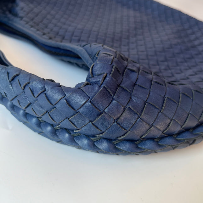 Sold Bottega Veneta Veneta Hobo Medium Navy Intrecciato Leather Bag