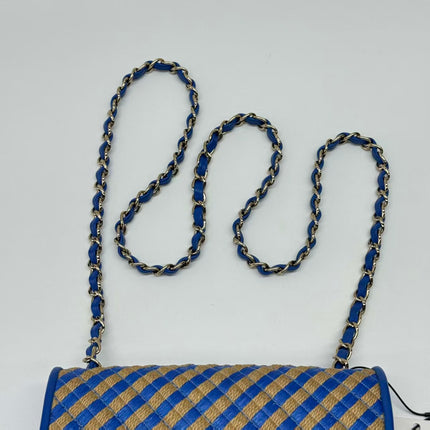 Chanel Mini Raffia Jute Striped Flap Bag Blue Diamond Wild Stitch