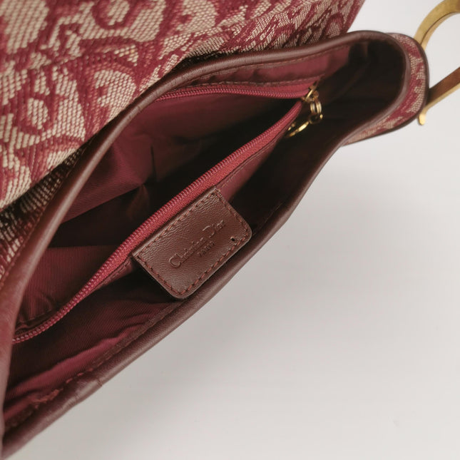 Dior Saddle Vintage Medium Red Burgundy Monogram Oblique Shoulder Bag 2002