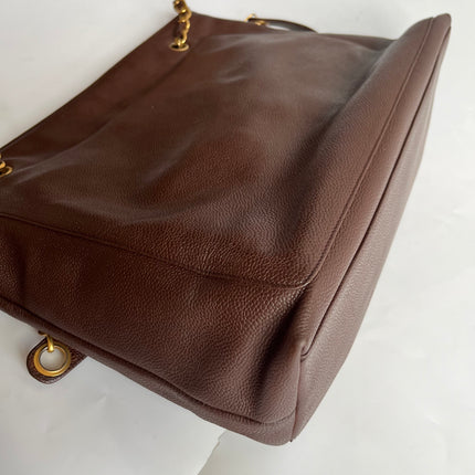 Chanel Vintage Front Pocket Tote Chocolate Brown Caviar Leather Double Gold Leather Chain