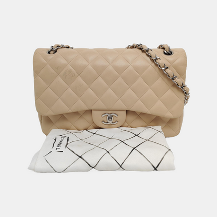 Chanel Classic Flap Jumbo Beige Lambskin Leather Single Flap with Silver Hardware