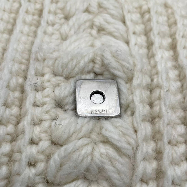 Fendi Baguette Bag White Crochet Knit Wool Pompom Shoulder Bag