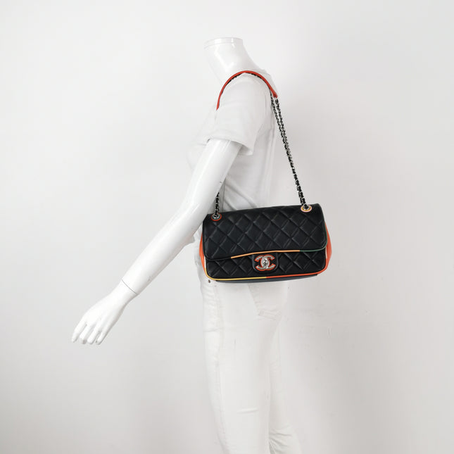 Chanel Timeless Classic Flap Lambskin Plexiglass Quilted Medium Cuba Color Flap Black with Multicolor Trim