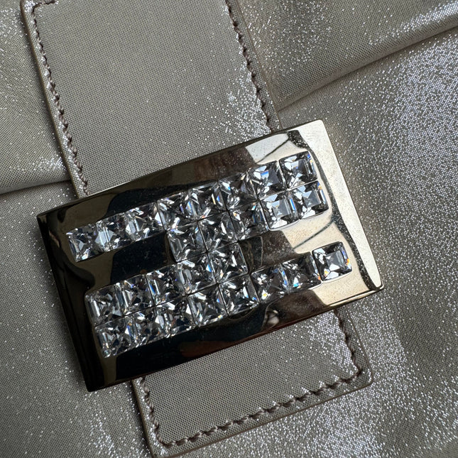 FENDI Baguette 1997 White Pearlescent Fabric Crystal Buckle Shoulder Bag