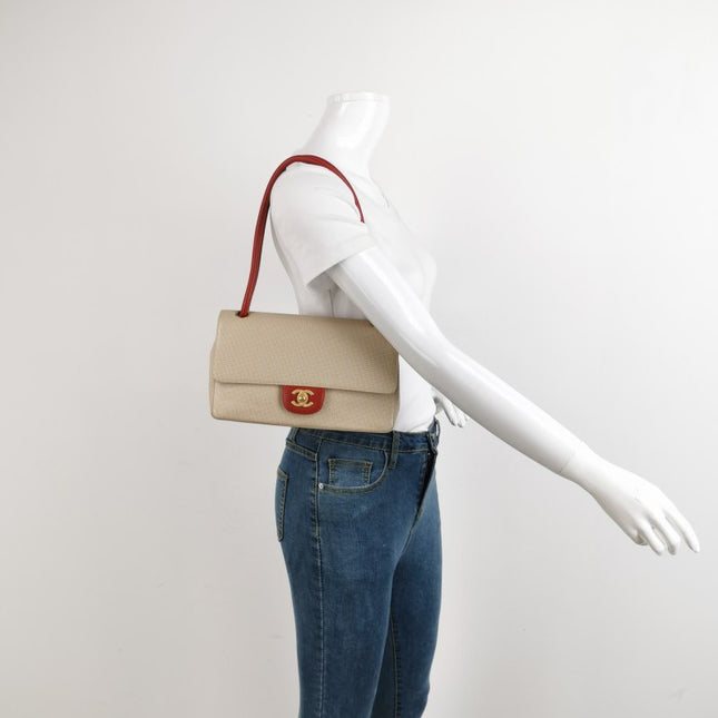 Chanel Vintage Classic Flap Bi-color Beige Perforated Leather and Red Leather Strap Bag, 2000-2002