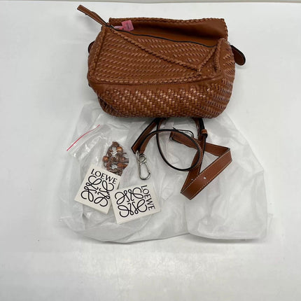Loewe Puzzle Small Leather Woven Braided Tan Brown Crossbody Bag