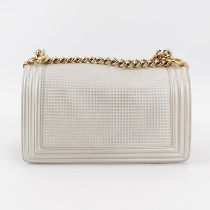 Chanel Le Boy Medium White Pearlescent Waffle Lambskin Leather Red Lock 2013-2014