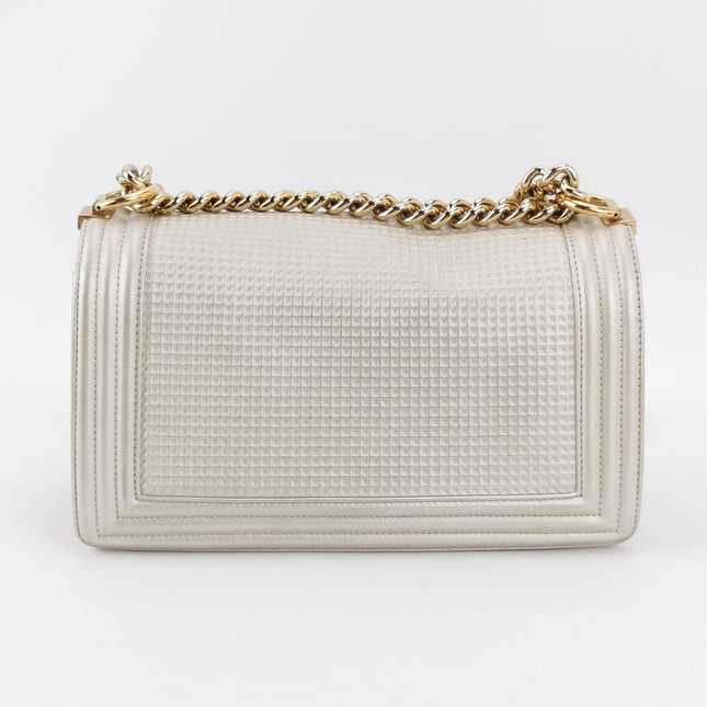 Chanel Le Boy Medium White Pearlescent Waffle Lambskin Leather Red Lock 2013-2014