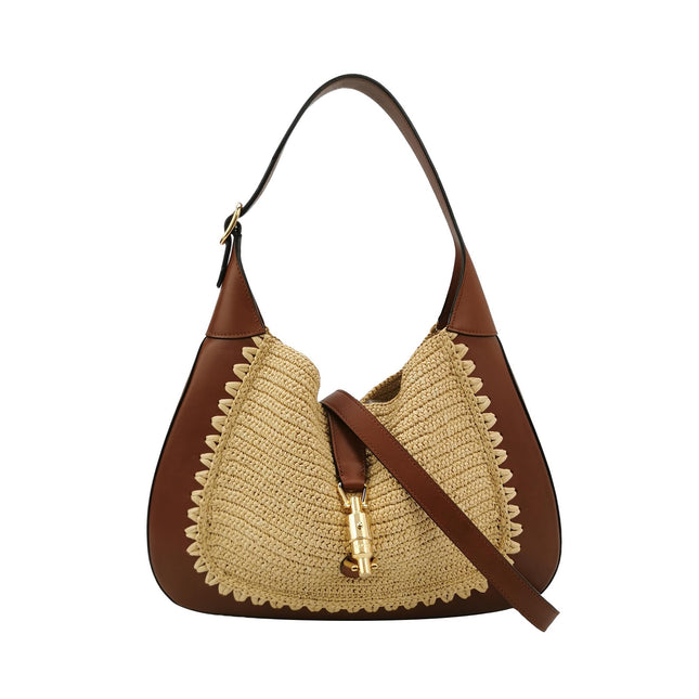 Gucci Jackie 1961 Medium Brown Leather Raffia Shoulder Bag-Luxbags