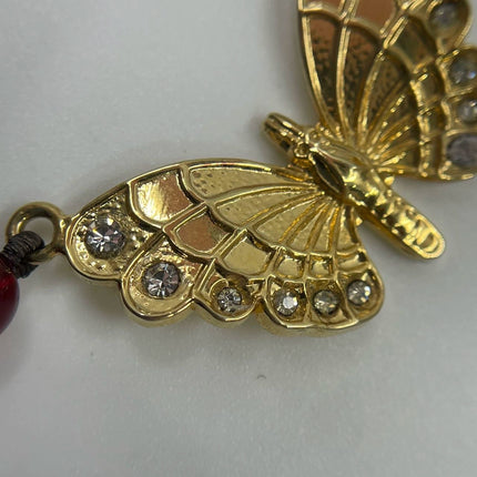 Ferragamo Vintage Rare Red Ruby Beads Necklace Gold Plated Butterfly Signed