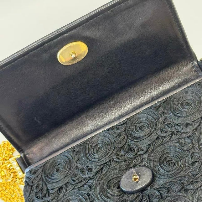 Chanel vintage Black Rose Knitted Fabric Gold Chain Flap Crossbody Bag