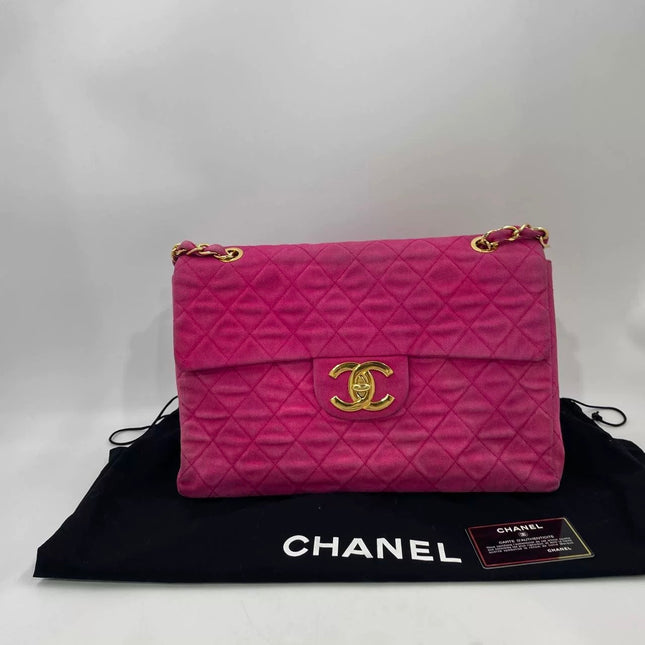 Chanel RARE Vintage Classic Maxi 34 Flap Hot Pink Denim Giant CC 24 Gold Hardware