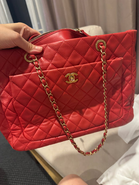 Chanel Shopping Tote Red Lambskin Leather Gold Hardware 2013-14