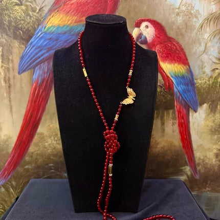 Ferragamo Vintage Rare Red Ruby Beads Necklace Gold Plated Butterfly Signed