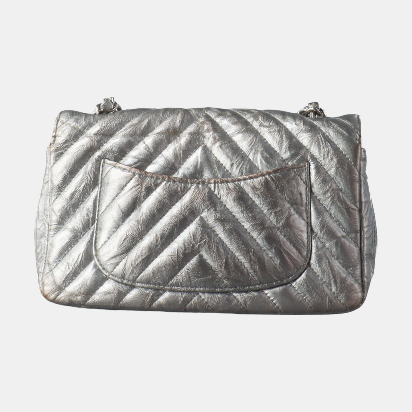 Chanel Classic Flap Mini Rectangular Patent Metallic Crumpled Calfskin Chevron Quilted Silver