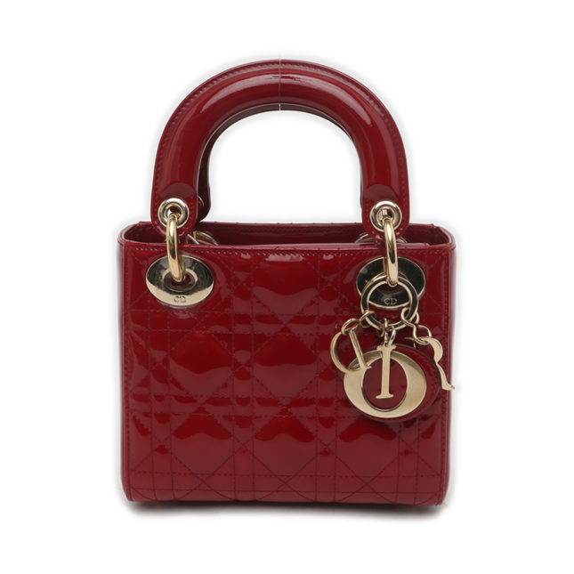 Lady Dior Mini Handbag Burgundy Red Patent Leather Gold-tone Chain Strap-Luxbags