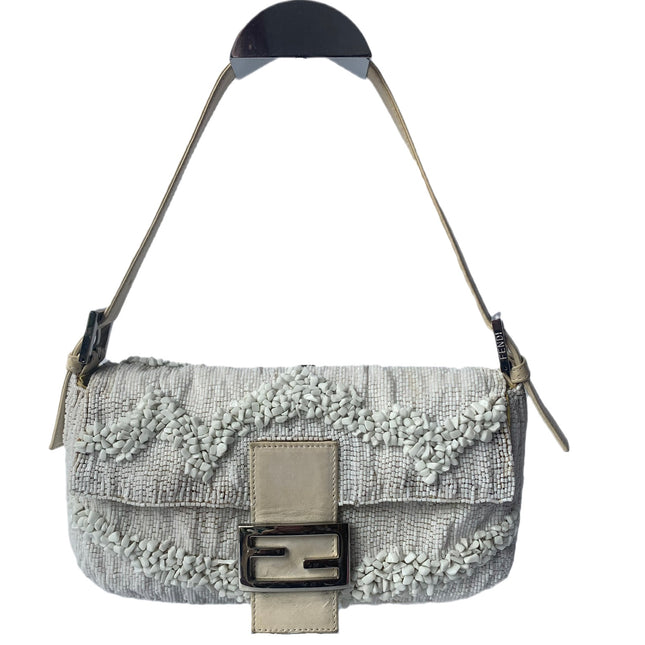 Sold Fendi Baguette White Beaded with Stones in Wave Pattern-Luxbags