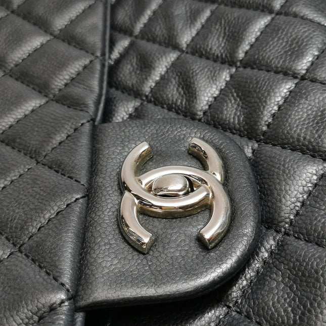 Chanel Classic Flap Maxi Black Soft Caviar Leather Silver-tone Hardware Giant CC Logo