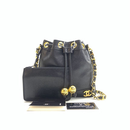 Chanel Vintage Mini Bucket Bag Black Caviar Leather Gold Logo, 1996-1997-Luxbags