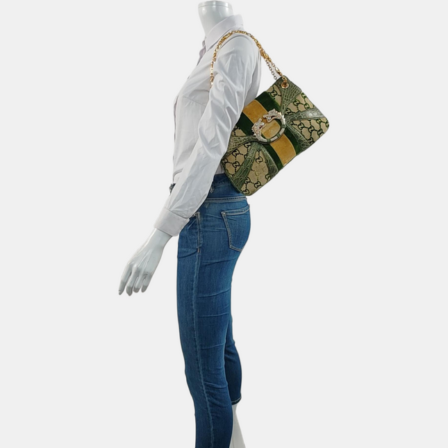Gucci Jeweled Dragon Bag Green Crocodile and GG Velvet Bamboo Chain Strap Shoulder Bag