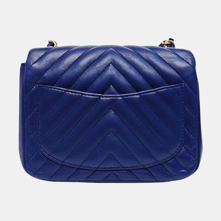 Chanel Classic Flap Mini Square Chevron Stitching Blue Lambskin Gold Hardware Crossbody Bag