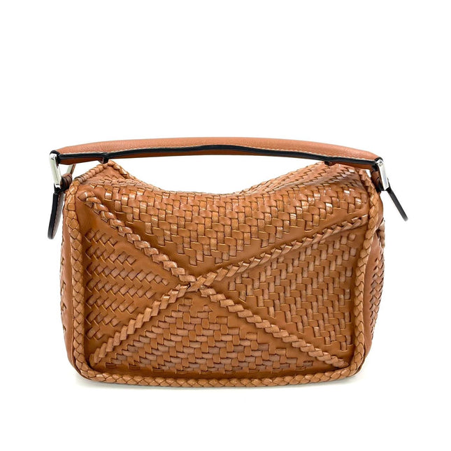 Loewe Puzzle Small Leather Woven Caramel Tan Crossbody Bag