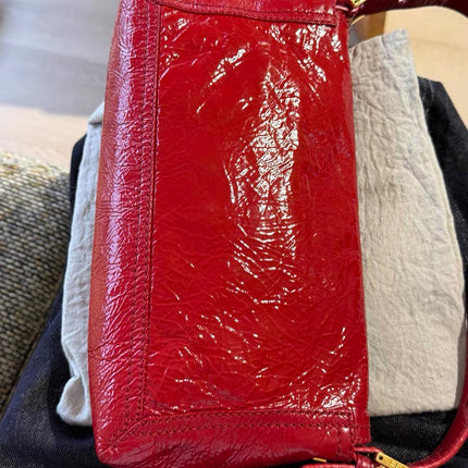 FENDI Baguette Red Crinkled Patent Leather Shoulder Bag