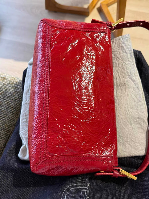 FENDI Baguette Red Crinkled Patent Leather Shoulder Bag