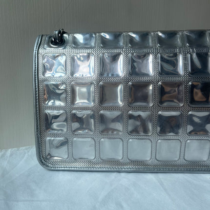 Chanel Ice Cube Chocolate Bar Classic Flap Metallic Silver PVC with Leather