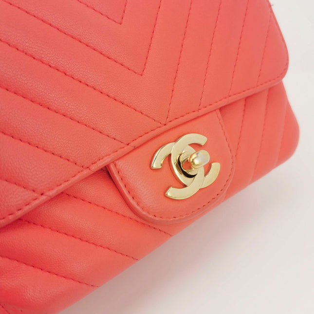 Sold Chanel Classic Flap Square 2019 Coral Orange Chevron Lambskin Leather Bag