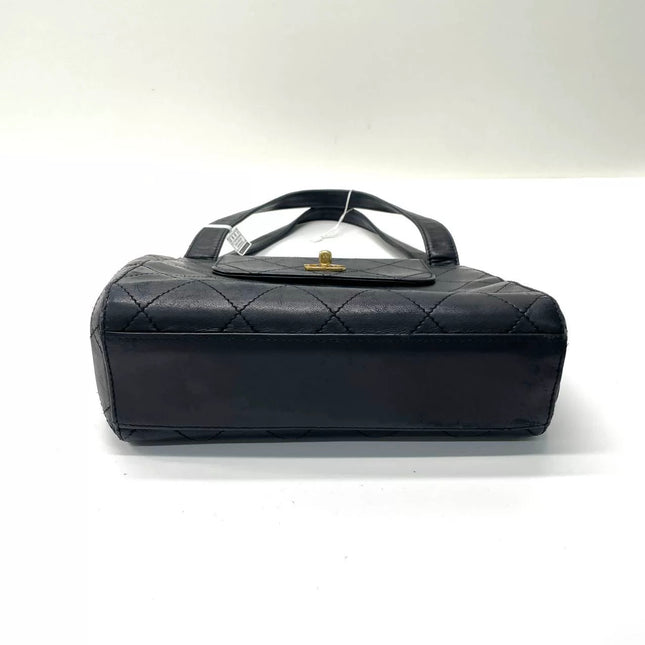 Chanel Vintage Kelly Mini Top Handle Flap Bag Black Lambskin Leather