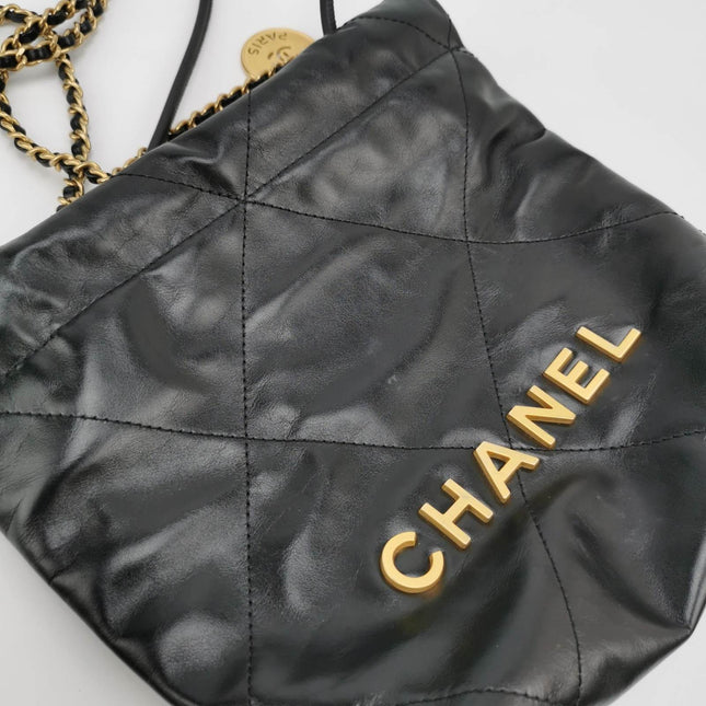 Sold Chanel 22 Hobo Bag Mini Shiny Calfskin Leather Black with Gold-tone Hardware