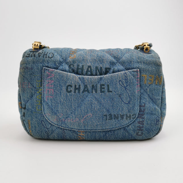 Chanel Classic Flap Mini Rectangular Blue Denim Jeans Gold Hardware Microchip