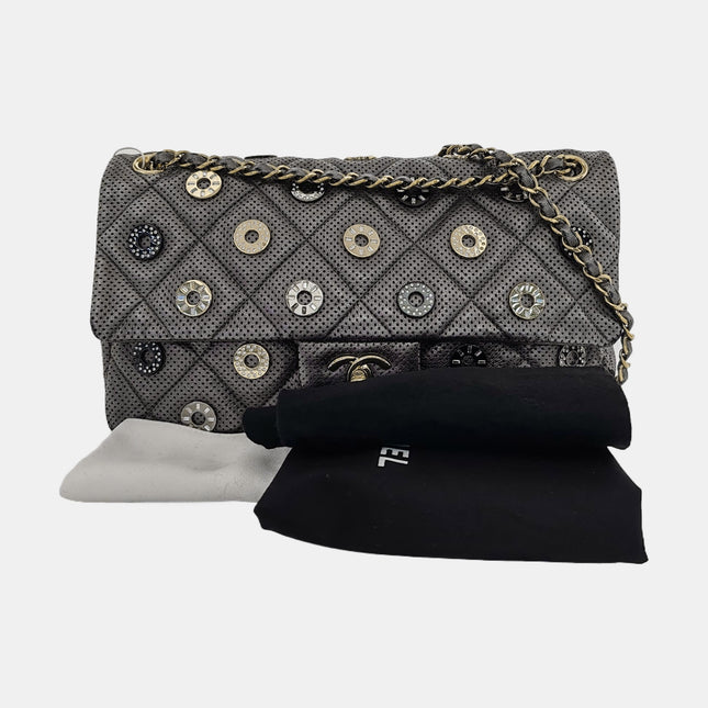Chanel Paris-Dubai Jumbo Grey Perforated Lambskin Leather with Buttons Gold Hardware