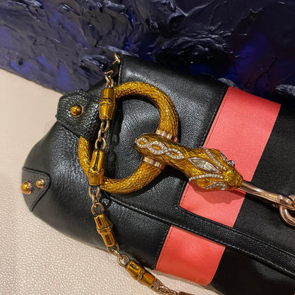 Gucci Horsebit 1955 Large Black Leather Embellished Snake Head Buckle