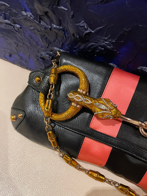 Gucci Horsebit 1955 Large Black Leather Embellished Snake Head Buckle