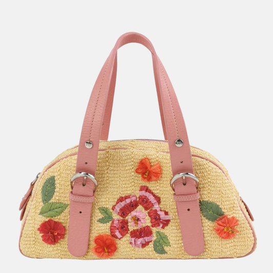 Dior Wicker Boston Bag Floral Embroidery Pink Leather-Luxbags