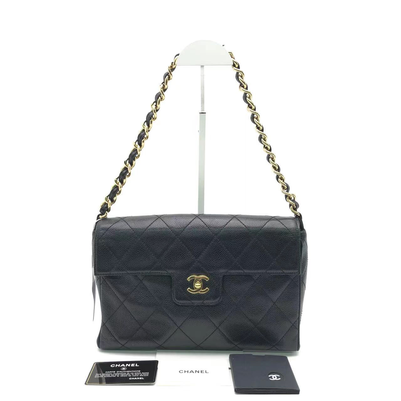 Chanel Single Flap Black Caviar Leather Vintage 24k Gold