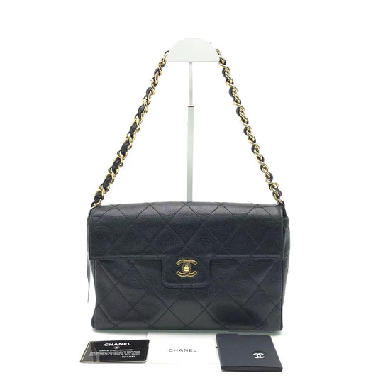 Chanel Single Flap Black Caviar Leather Vintage 24k Gold-Luxbags