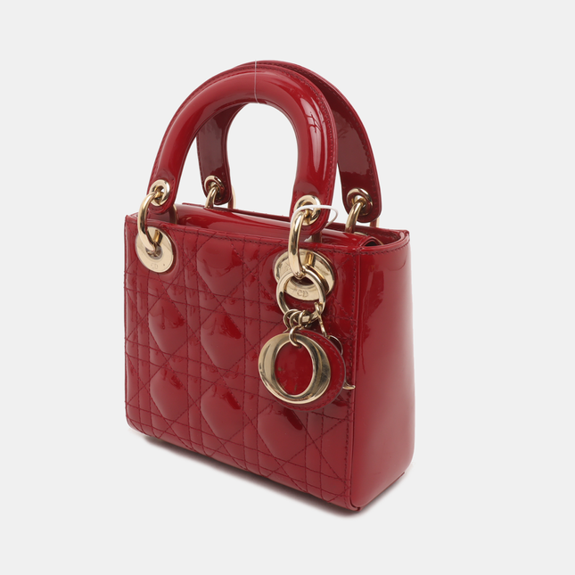 Lady Dior Mini Handbag Burgundy Red Patent Leather Gold-tone Chain Strap