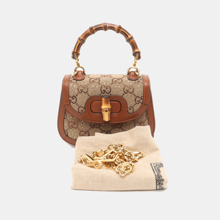 Gucci Bamboo 1947 Mini Brown Leather and Canvas with Glitter Crossbody Bag