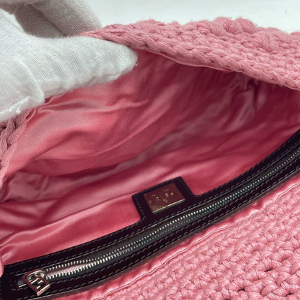 Sold Fendi Baguette Bag Pink Crochet Knit Wool Pompom Shoulder Bag
