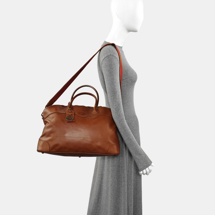 Longchamp Au Sultan Weekender Brown Leather Top Handle Travel Bag Canvas Strap